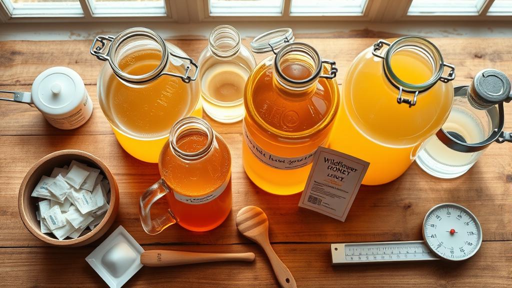 Traditional mead ingredients: honey, water, yeast, and fermentation equipment