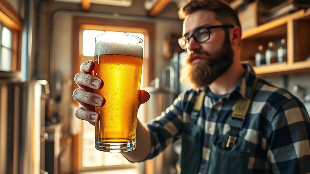 Homebrewer holding a glass of golden mid-strength beer in a garage brewery