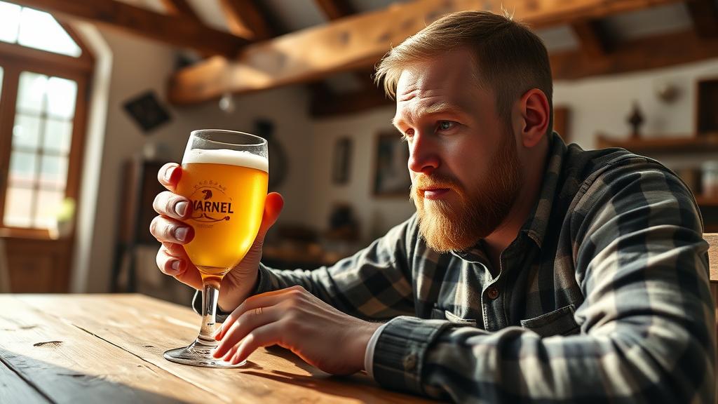Homebrewer thoughtfully enjoying a session beer in afternoon light
