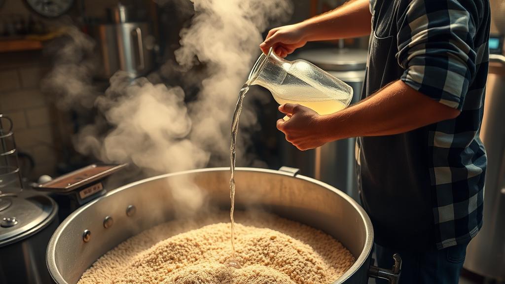 Homebrewer pouring hot water into mash tun with pale malt