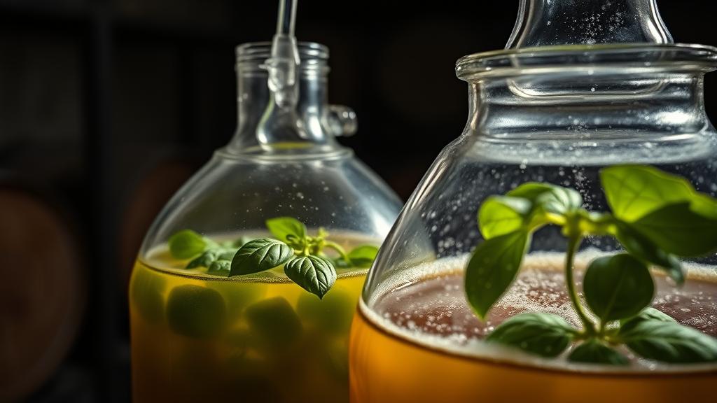 Active fermentation carboy with basil leaves visible, airlock bubbling