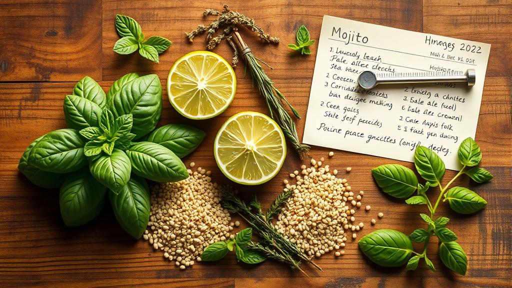 Flat-lay of mojito beer ingredients: basil, lime, thyme, pale malt, yeast, hydrometer
