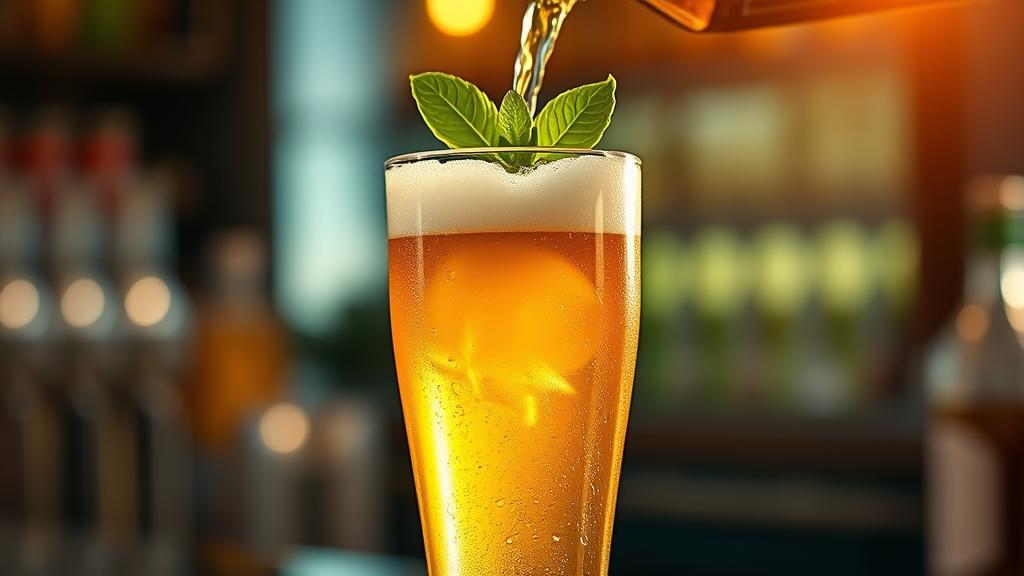 Mojito beer poured into craft glass with basil leaf garnish, golden-amber colour