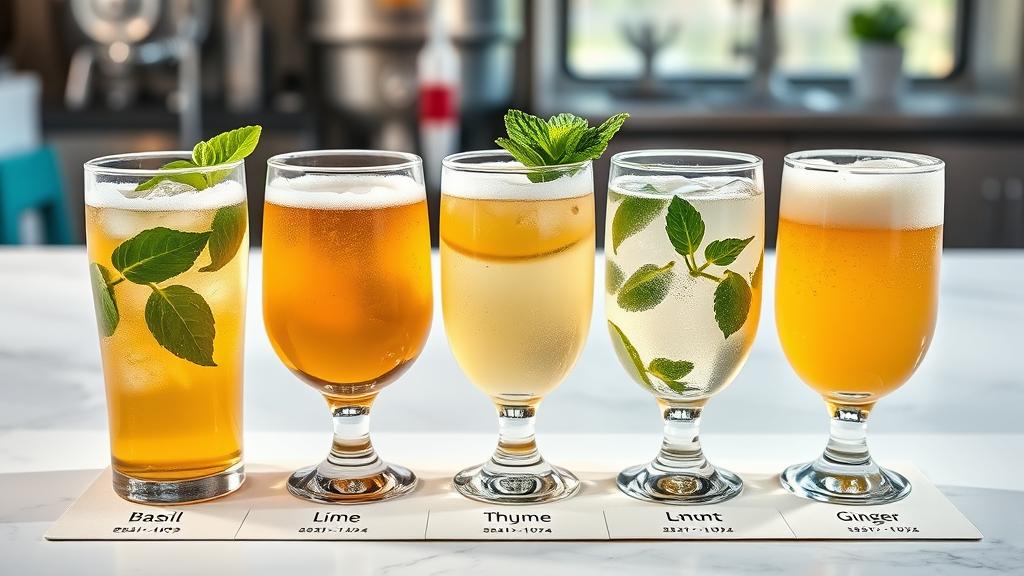 Beer flight with three mojito beer variations: basil-lime, thyme-lemon, mint-ginger