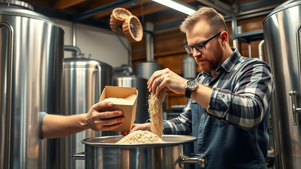 Homebrewer carefully measuring malt during mash-in