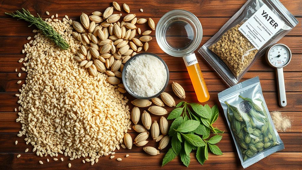 Brewing ingredients laid out including pale malt, hops, yeast, and hydrometer