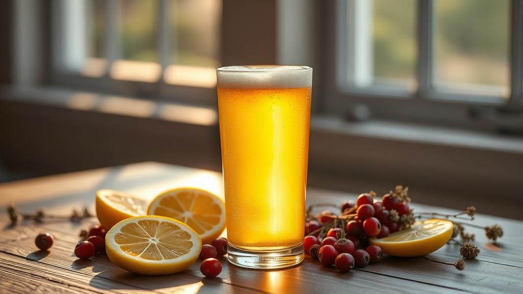 Crystal-clear glass of bright golden sour beer with white foam, surrounded by fresh lemon slices and wild berries, warm professional craft beer photography
