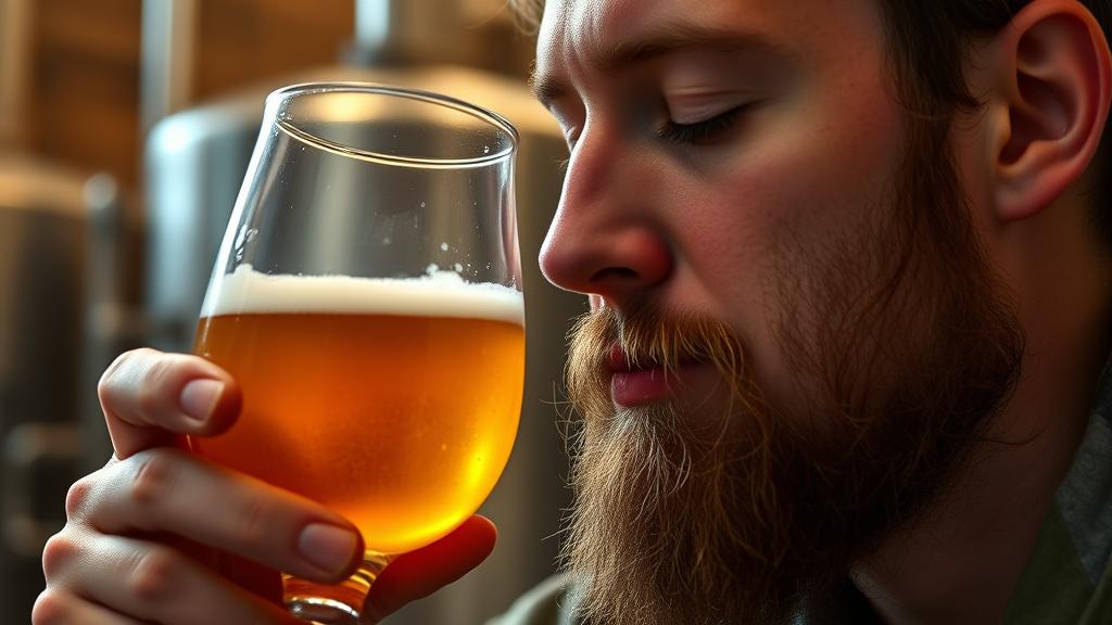 Close-up portrait of homebrewer holding glass of sour beer to nose, eyes closed in contemplation, warm professional lighting