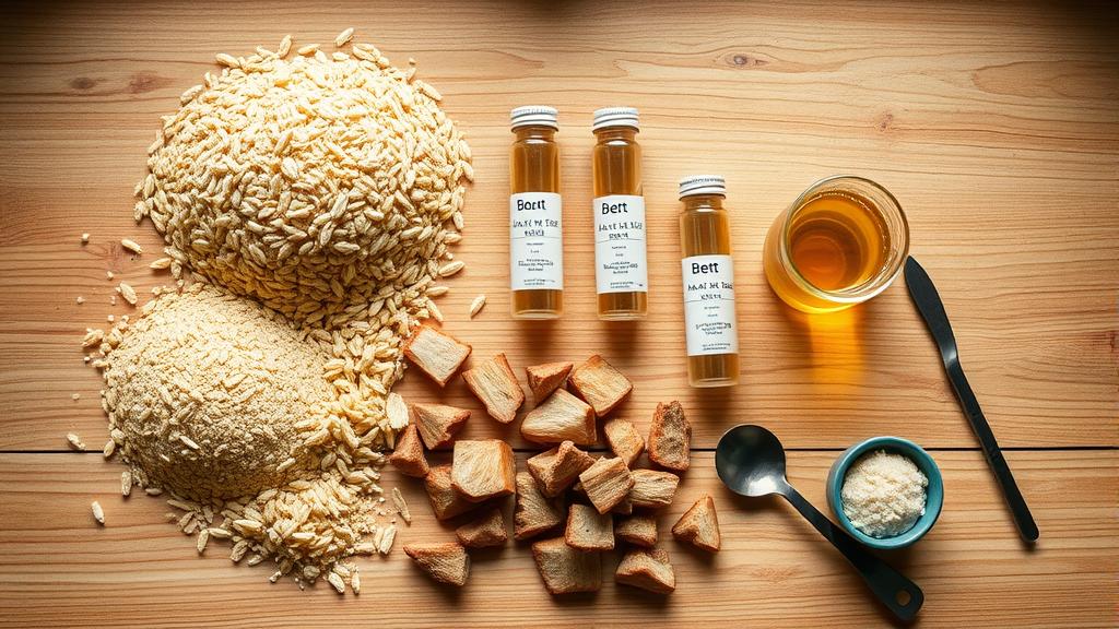 Flat-lay of wheat malt, pale ale malt, brett yeast vials, lactobacillus culture, aged oak chips on wooden surface