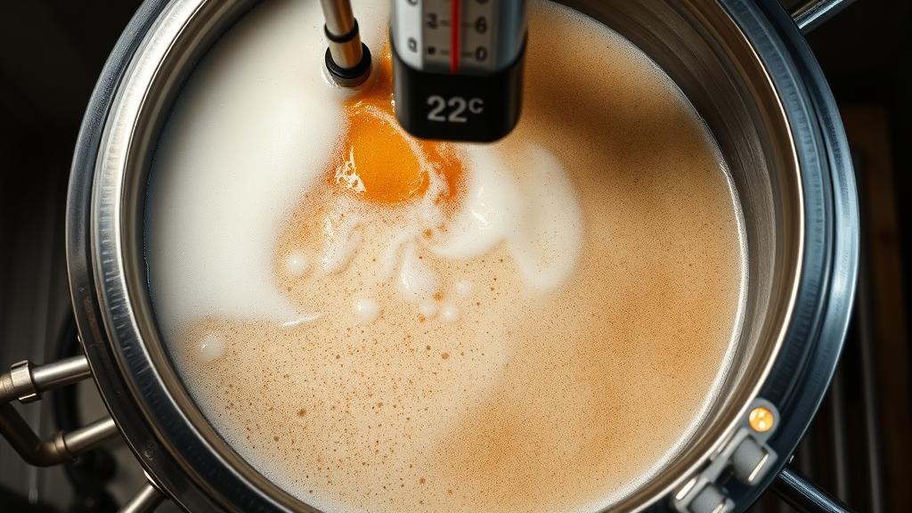 Overhead shot of stainless steel fermenter with white lactobacillus layer, thermometer showing 22°C, home brewery cooling coils