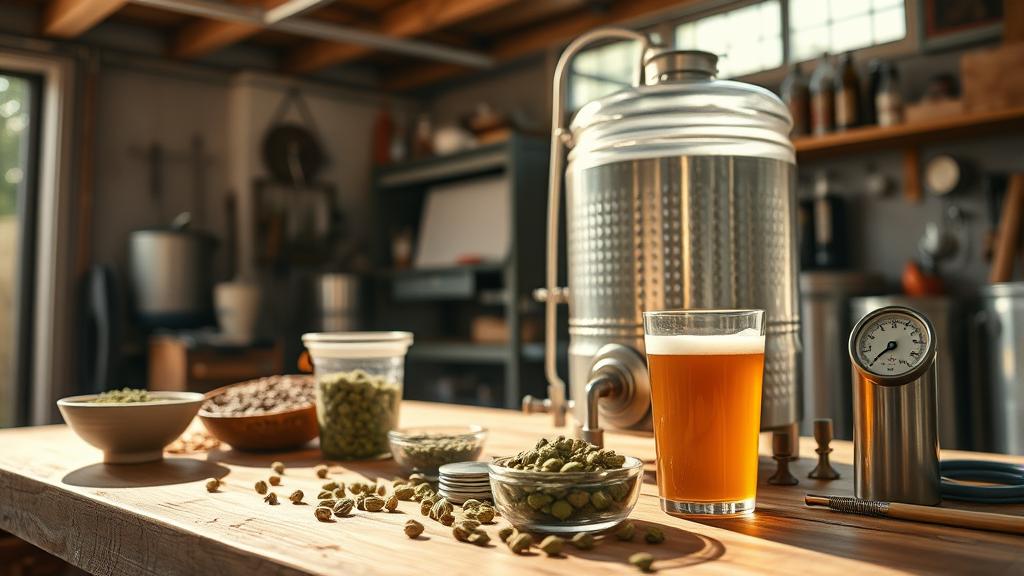 Homebrewing setup with table beer fermenter and pale ale ingredients, warm garage lighting