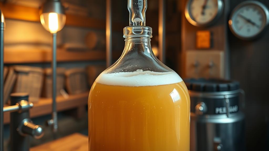 Glass carboy fermenter with pale ale, krausen forming, airlock bubbling, cool cellar setting