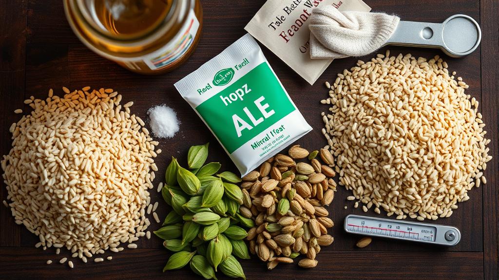 Overhead shot of brewing ingredients: pale malt, saaz hops, ale yeast, mineral water, thermometer, scales