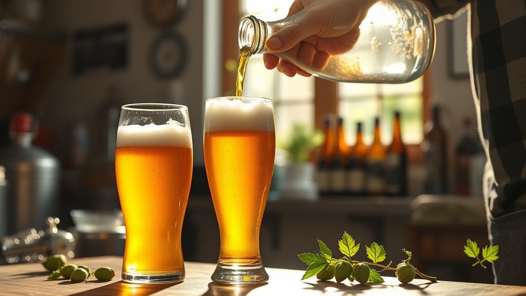 Pouring pale table beer into pint glass, golden amber liquid with white head, brewery workbench background