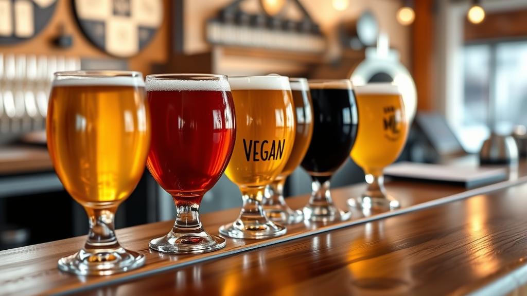 Professional tasting flight of five vegan craft beers in different glass styles with brewing notes