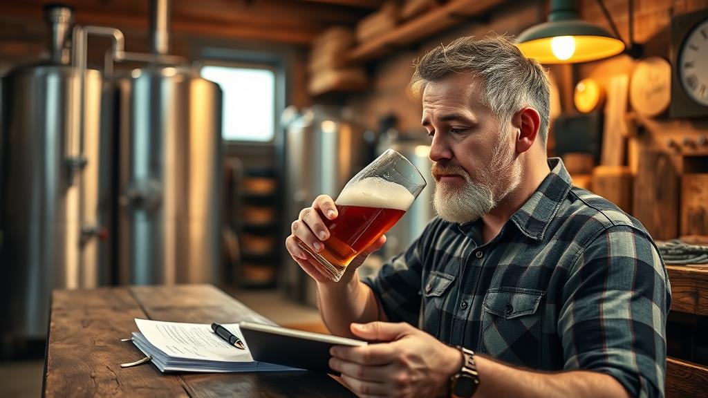 Homebrewer tasting beer from a tulip glass, notebook with tasting notes on a wooden bench