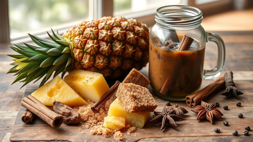 Tepache ingredients laid out on a wooden table