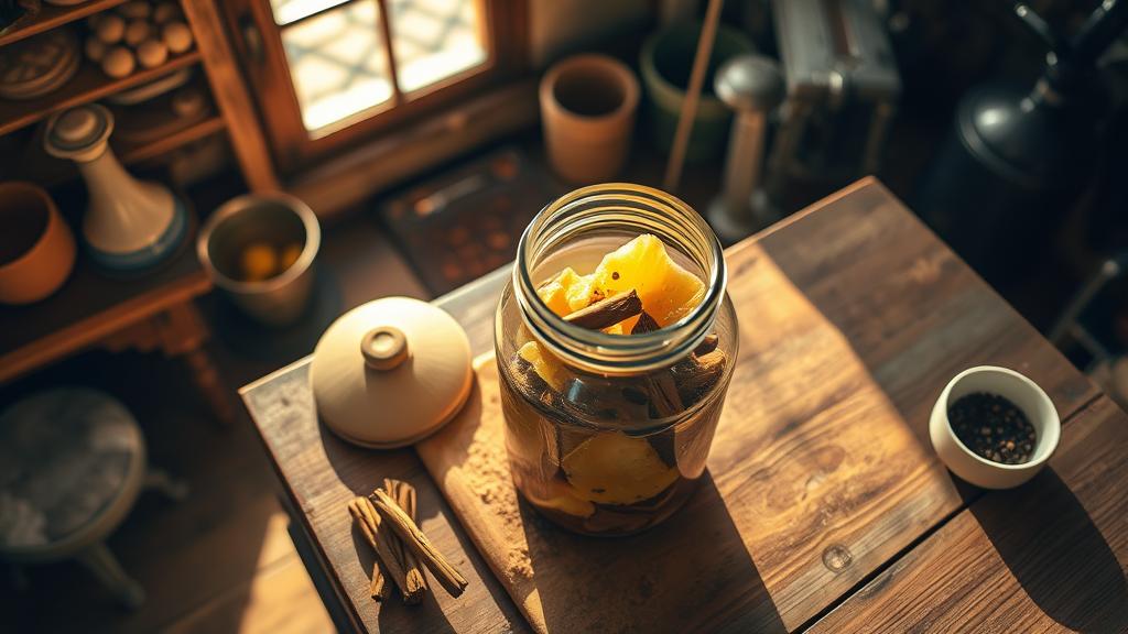 A homebrewer preparing tepache with pineapple skin and spices