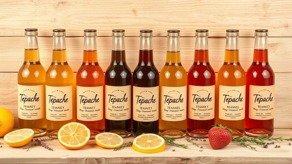Multiple bottles of tepache variations with different colors and labels