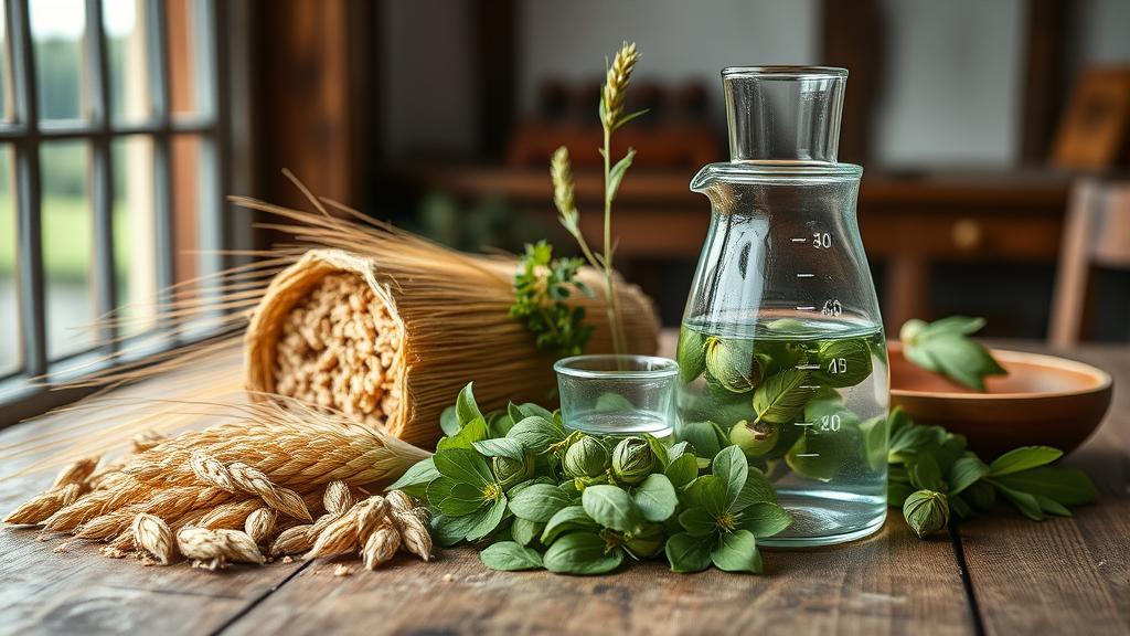 Local brewing ingredients: heritage barley, wild hops, and water samples showing terroir
