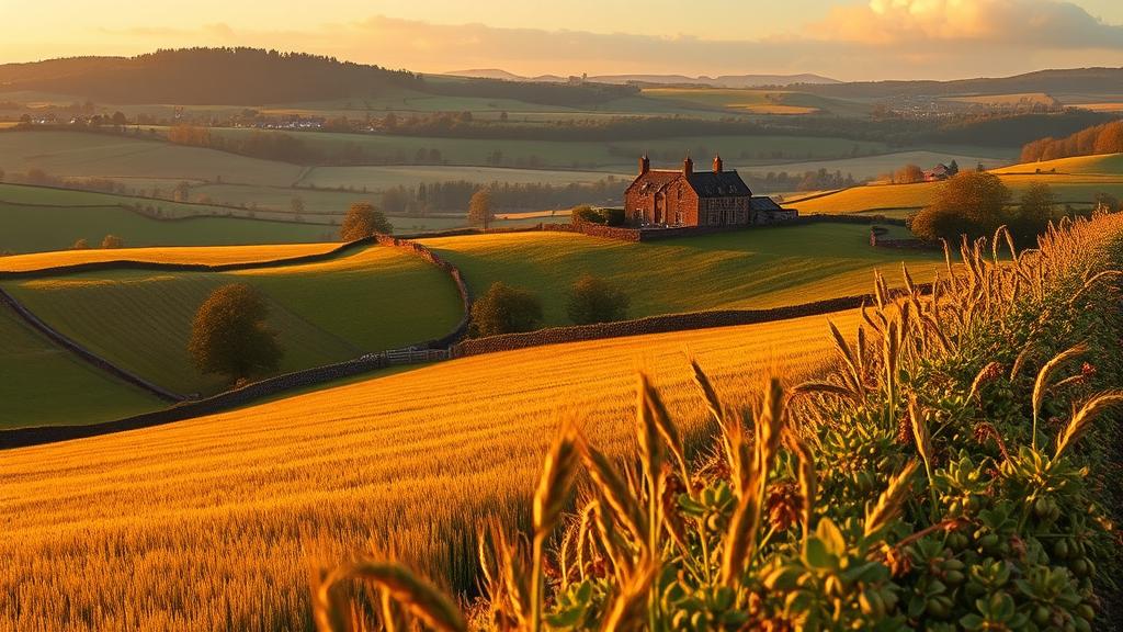 British countryside showing barley fields and heritage brewery landscape
