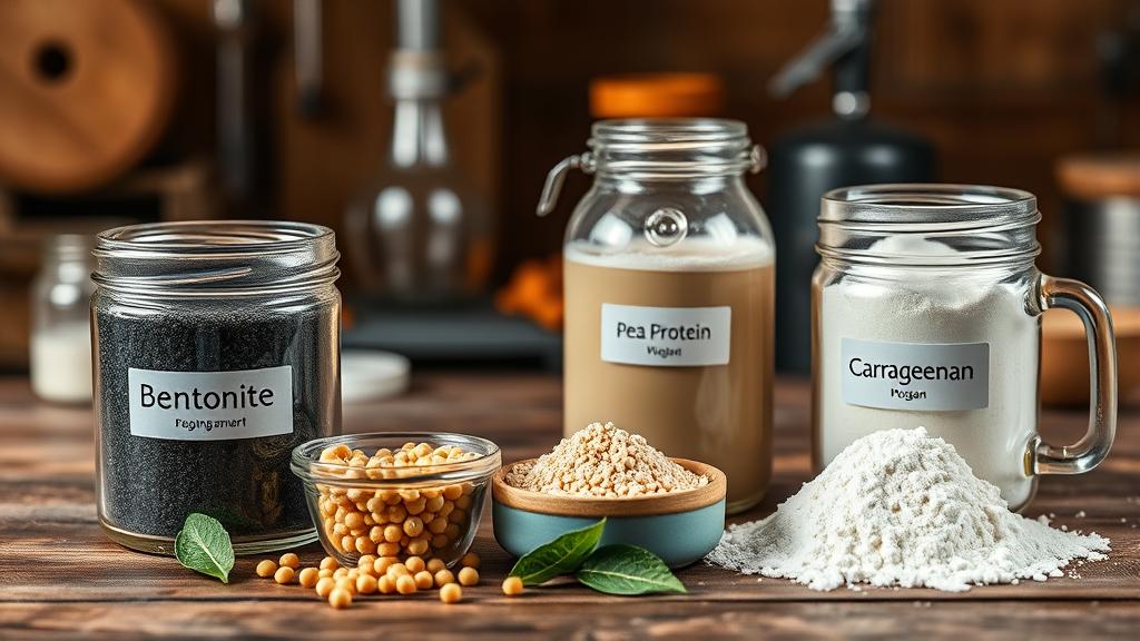 Clear glass vials of bentonite clay, pea protein, and carrageenan with vegan certification labels