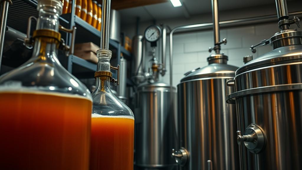 Glass carboys fermenting wild hop ale with airlock bubbling