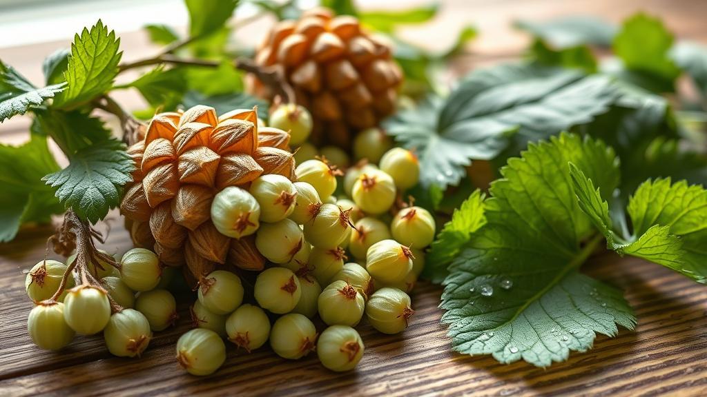 Close-up of foraged wild hops showing cone structure and lupulin glands