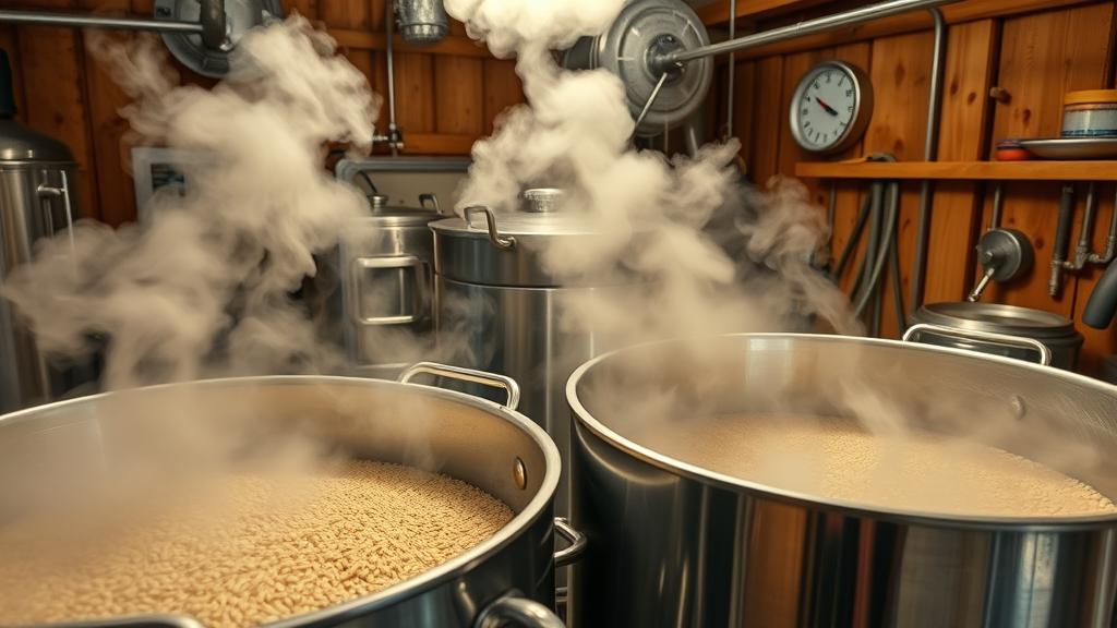 Home brewing mash tun with grain during witbier brew day