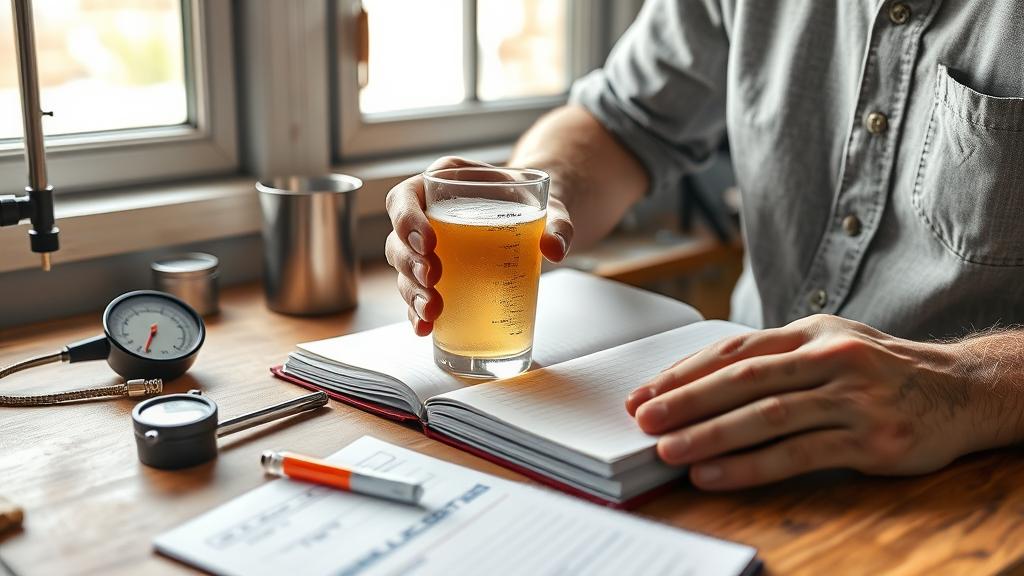 Hydrometer reading and brewing notes during witbier brew day