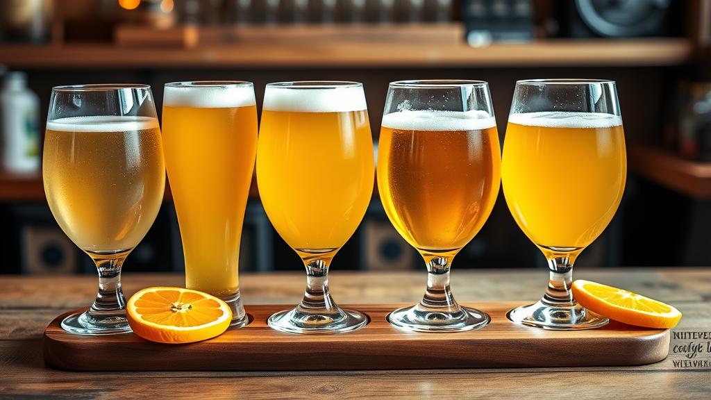 Beer flight featuring multiple witbier styles and variations