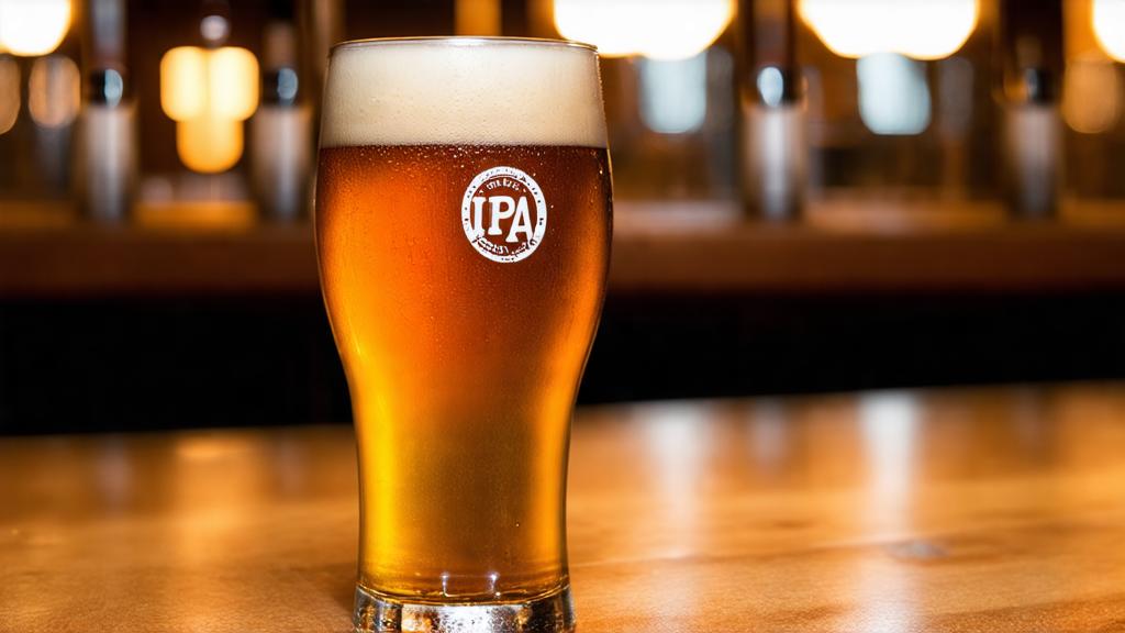 Perfectly poured bitter IPA in a pint glass with dense foam head