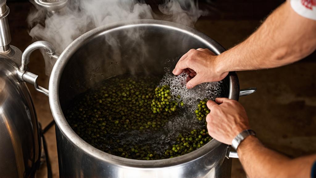 Homebrewer adding hop additions during the rolling boil
