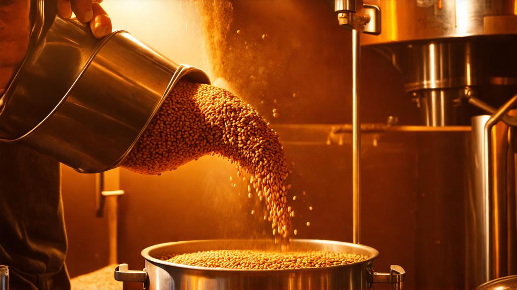 Homebrewer pouring buckwheat grain into mash vessel in garage brewery