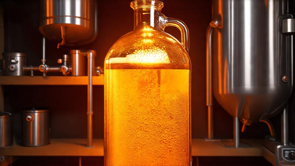 Golden amber buckwheat ale fermenting in glass carboy with active airlock