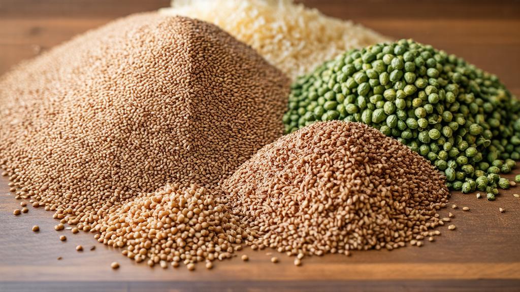 Raw buckwheat kernels, malted grains, and hops laid out on wooden brewing table