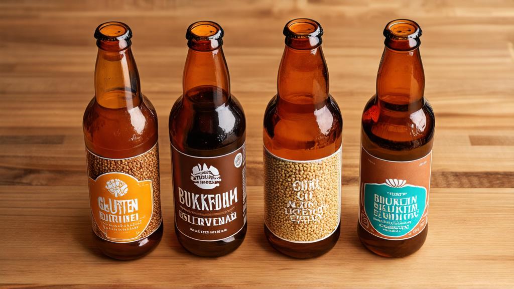 Five different gluten-free beer bottles featuring buckwheat, millet, sorghum and rice varieties