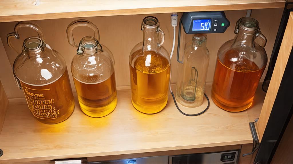 Fermentation vessels with clear golden lager during cold conditioning, temperature probe visible