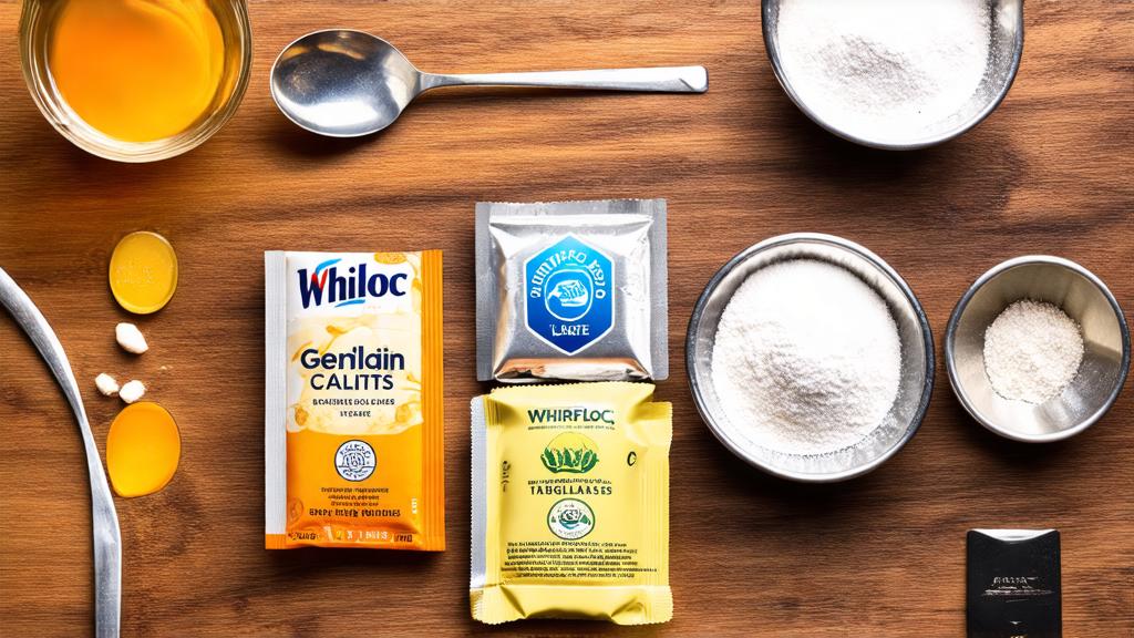 Beer clarification ingredients: gelatin, Whirlfloc, isinglass packets and bowls