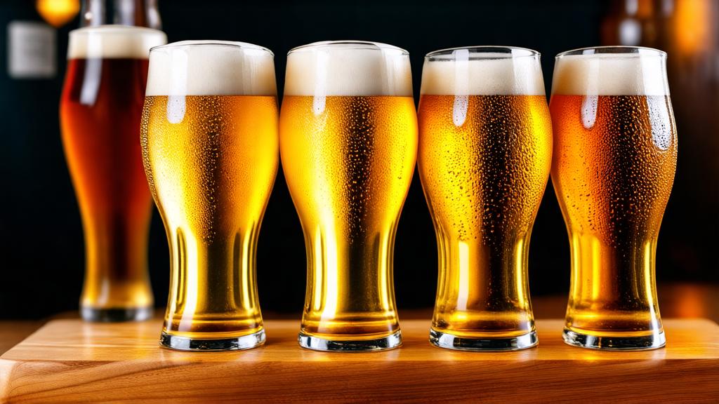 Beer tasting flight of five crystal clear golden lagers in various shades