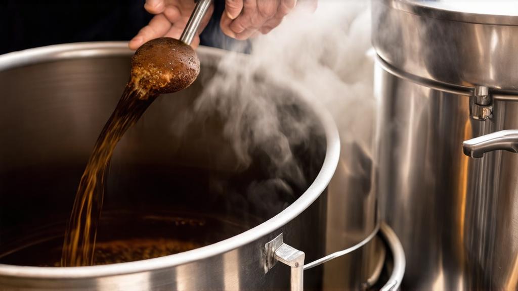 Homebrewer performing decoction mashing with dark wort