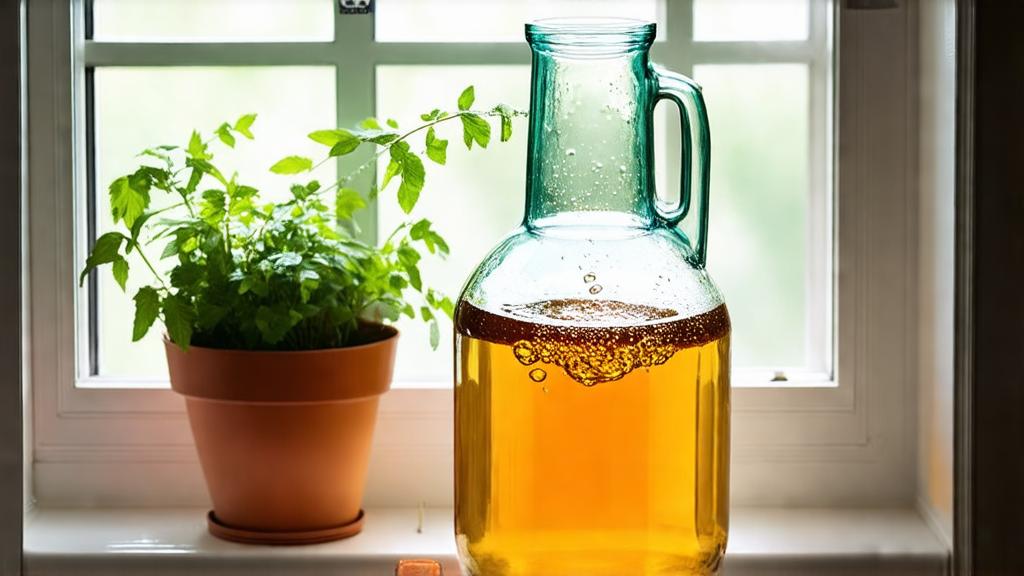 demijohn fermenter bubbling with amber small batch beer on a sunny windowsill