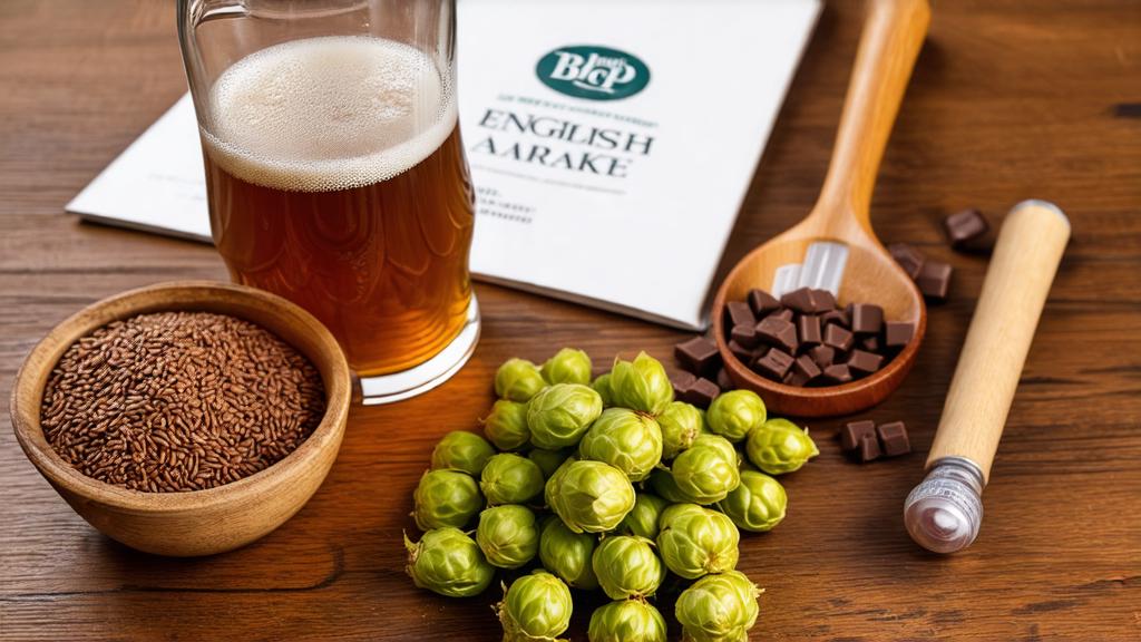 Overhead shot of brown ale ingredients: pale malt, chocolate malt, hops, hydrometer