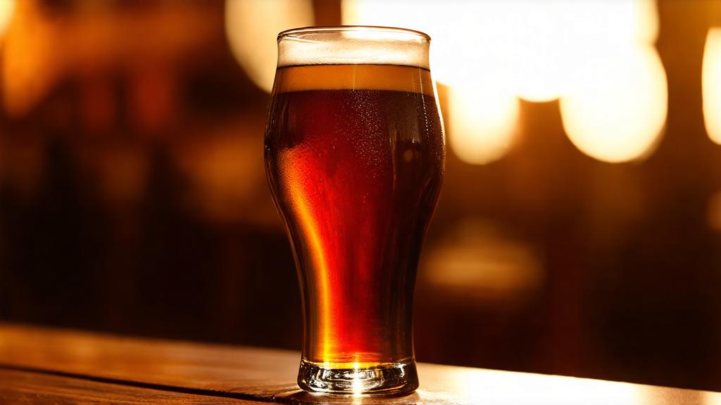 Poured English brown ale in a nonic glass with warm pub lighting