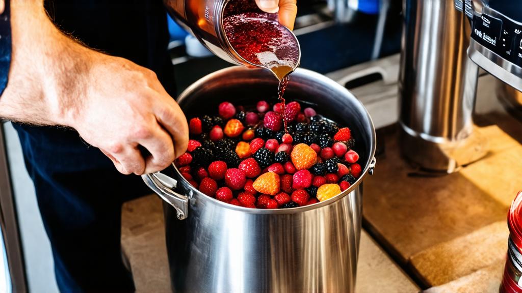 Hands adding fresh summer fruit to kettle with wort, dappled sunlight in garage brewery