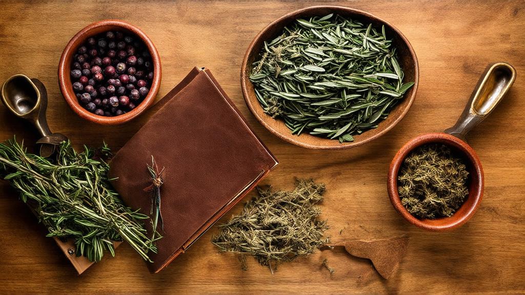 Traditional gruit herbs including juniper, rosemary, mugwort and bog myrtle arranged for brewing