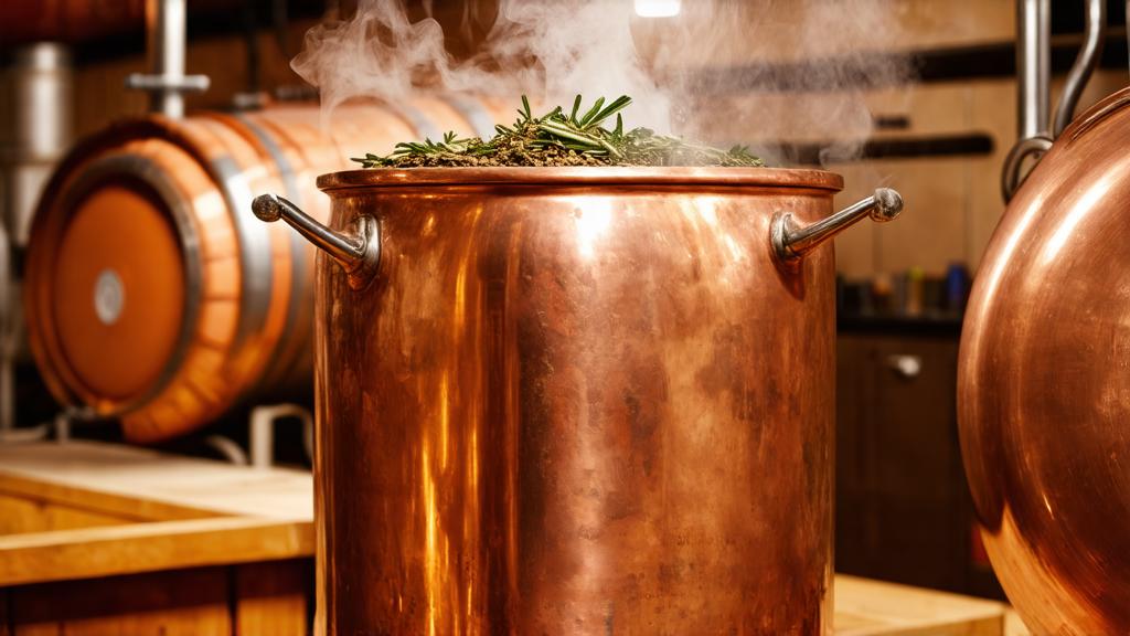 Copper kettle steeping with gruit herbs and hot water, steam rising, wooden brewing table