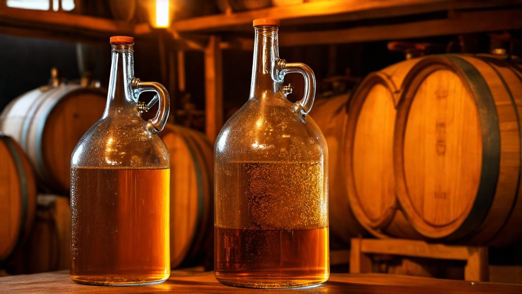 Glass fermentation carboys with amber gruit ale in mid-fermentation, airlocks bubbling, wooden barrel background