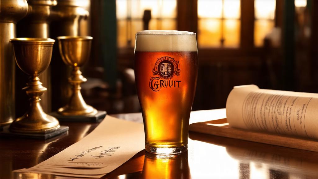 Pint glass of finished amber gruit ale with head of foam, tasting notes on parchment, medieval setting