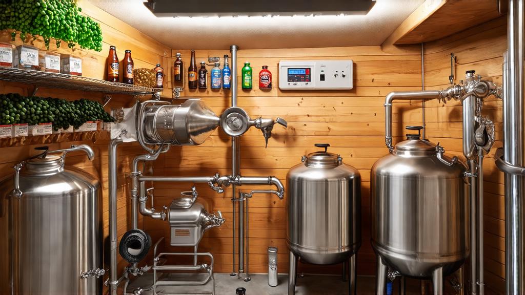 Well-organized home brewery with kettles, equipment and ingredients